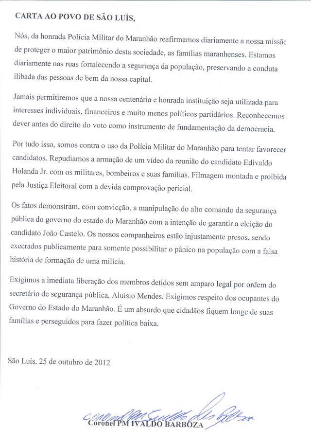 Carta do coronel da Polícia Militar do Maranhão, Ivaldo Barbosa